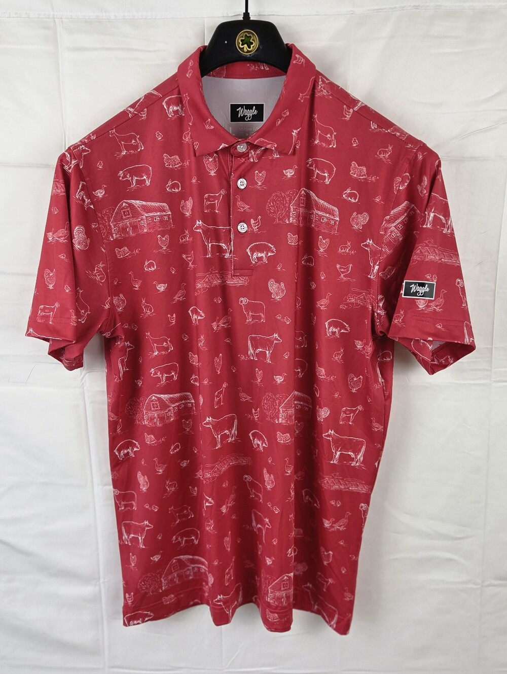 Waggle Old Macdonald Farm Polo Shirt Mens Large Red Short Sleeve All Over Animal